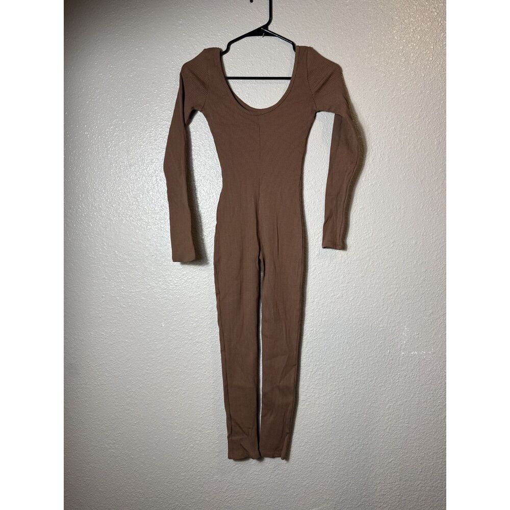 La Luxe Brown Ribbed Long Sleeve Bodysuit Jumpsuit Lounge Catsuit One Piece S